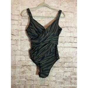 Miraclesuit Bathing Suit Womens 14 Green & Black Zebra Print One Piece Ruched